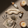 Deep Sleep Kit flat lay with eye mask, essential oil roll-on, linen spray, and herbal tea