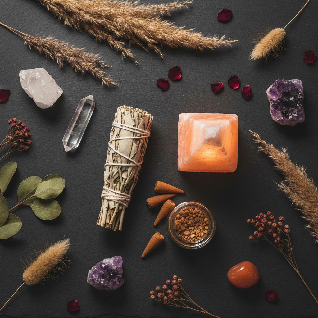 Sacred Space Starter Bundle flat lay with white sage, palo santo, resin incense, and Himalayan salt lamp